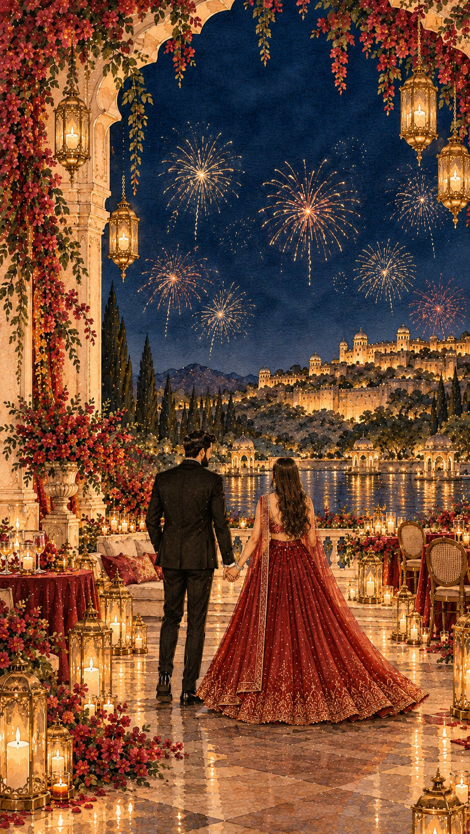 Floral reception canopy with wedding chairs, brass diyas and fireworks
